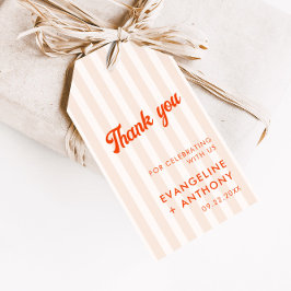 Persikor och tangerine Stripe Retro Bröllop Presentetikett