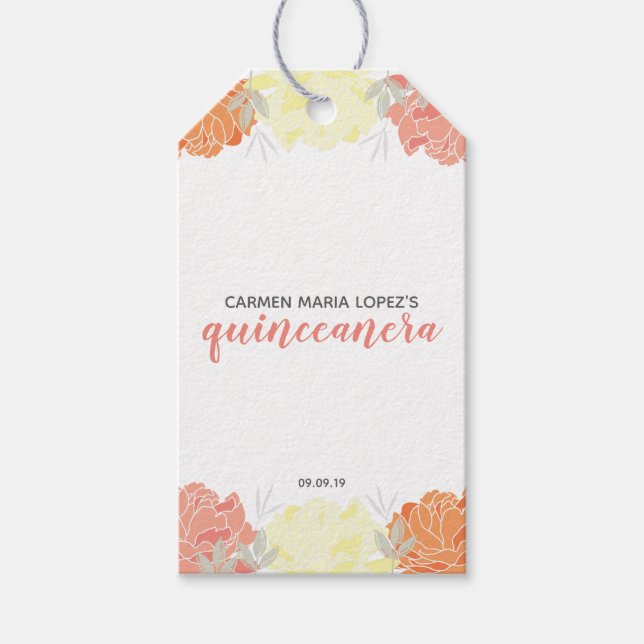 Persikor Orange & Gult Peonies Quinceanera Party Presentetikett (Framsidan)