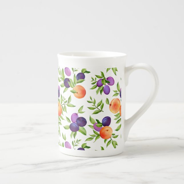 Persikor Plommon Lila Cute Fruit Botanical Mönster Benporslin Mugg (Höger)