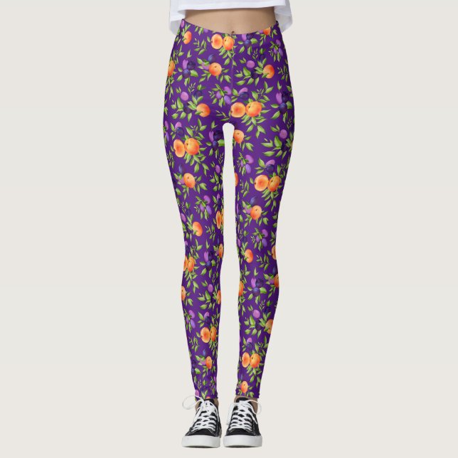 Persikor Plommon Lila Cute Fruit Botanical Mönster Leggings (Framsida)