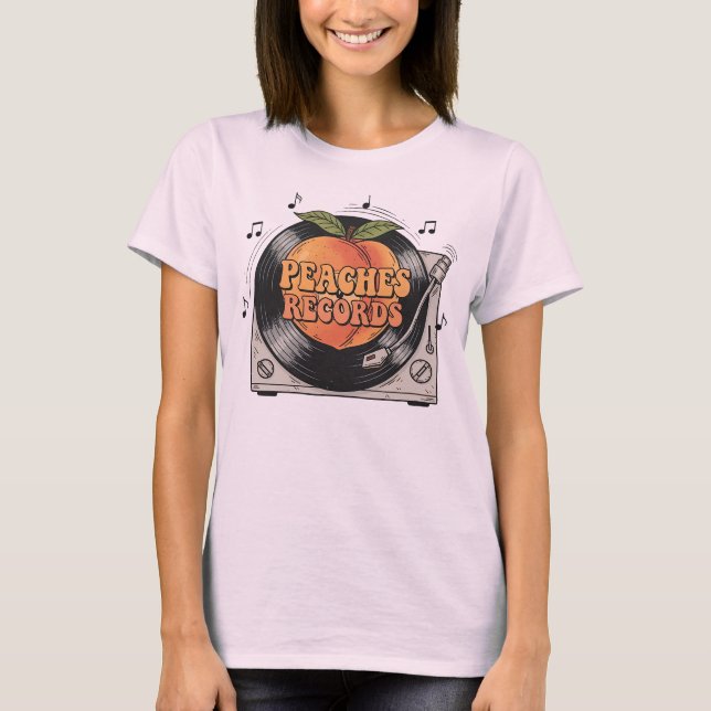 Persikor registrerar Retro Vinyl Music Illustratio T Shirt (Framsida)