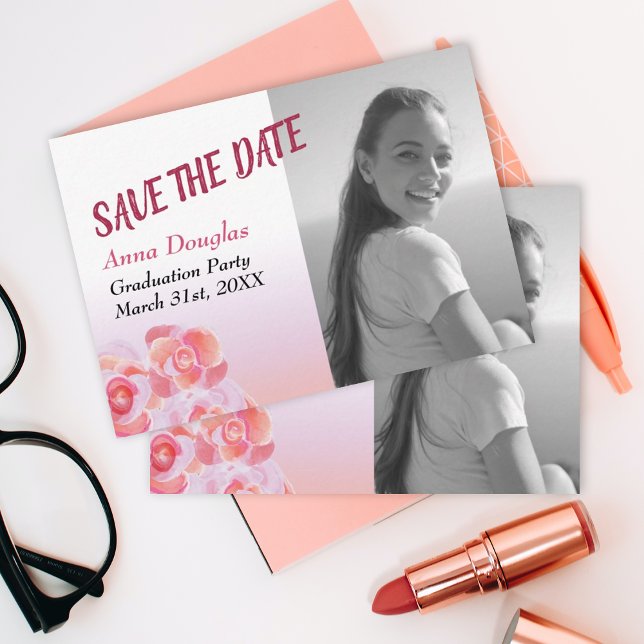 Persikor, Rosa ros Spara-datum Rådkort (cute simple peach pink roses save the date photo card graduation party graduate grad template card)