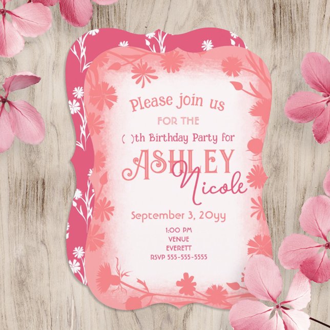 Persikor, Rosa Vild Flowers Gräns Födelsedagsfest Inbjudningar (peach pink wildflowers young woman teen birthday invitation with cute floral border)