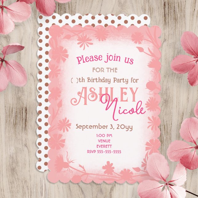 Persikor, Rosa Vild Flowers Gräns Födelsedagsfest Inbjudningar (peach pink floral border, mixed pink, beige script text, brown polka dots birthday party invitation)