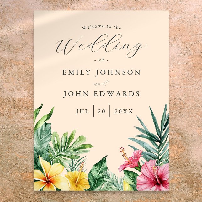 Persikor Tropiska Blommor Bröllop Välkomstskylt Poster (Peach Tropical Flowers Wedding Welcome Sign)