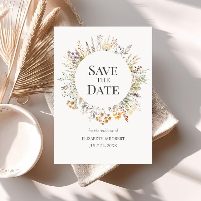 Persikor vattenfärg Vilda blommor Spara datum Inbjudningar (Peach Watercolor Wildflowers Save The Date Invitation on a table with neutral boho decoration.)