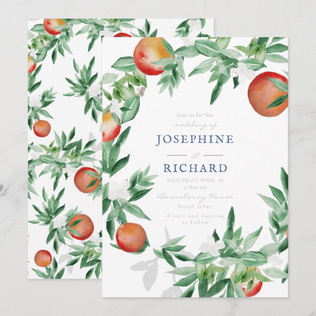 Persikor, vattenfärgsdesign, för bröllopsinbjudan inbjudningar (Fram/baksida)