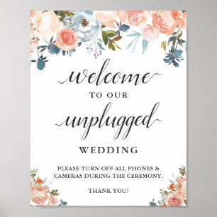Persikorall Blommig Oplockad Bröllopsskylt Poster