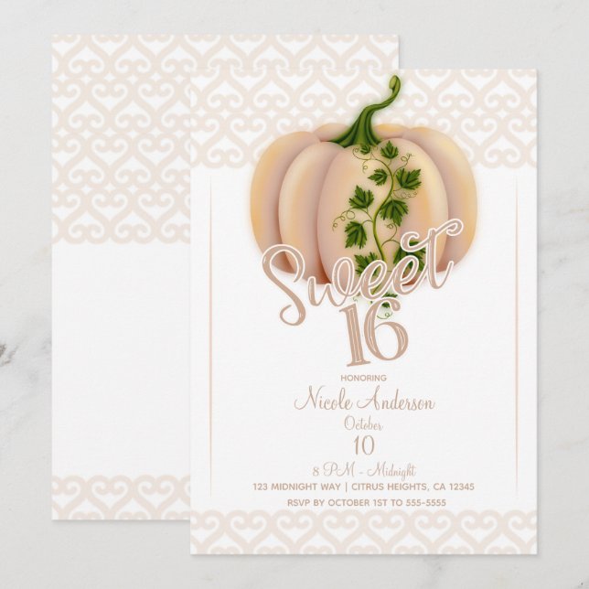 Persikoröd pumpa höst söta 16 födelsedagsfest inbjudningar (Fram/baksida)
