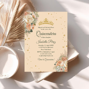 Persikoronbuskar och glittertiara Quinceanera Inbjudningar