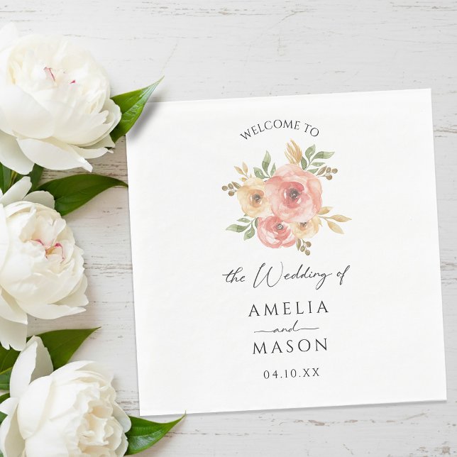 Persikorosa Blommig Vit Bröllopsklänning Pappersservett (Peach Blush Floral White Wedding Napkins)
