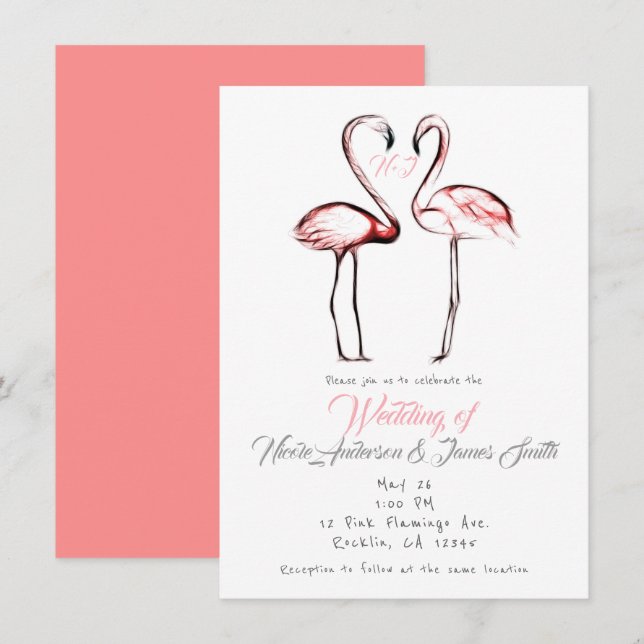 Persikorosa Flamingos Flamingo Elegant Bröllop Inbjudningar (Fram/baksida)