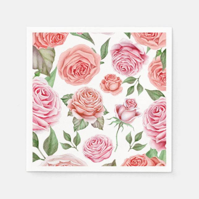 Persikorosa Rosor Grönska Blad Shabby Chic Pappersservett (Framsidan)