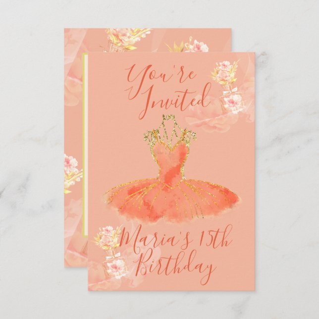 Persikorose Guld Ballerina Klänning Blommig Parfym Inbjudningar (Fram/baksida)