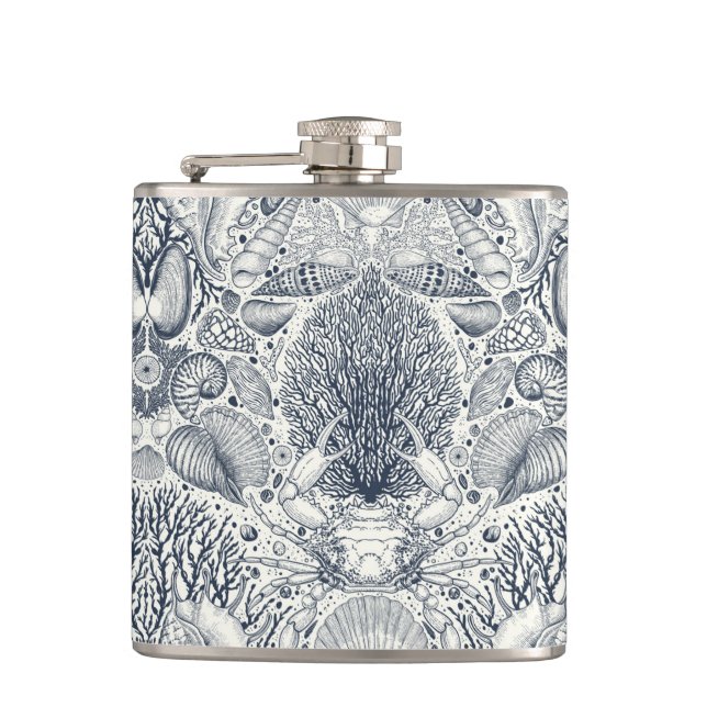 Persikoskatter, siashells, krabba, koraller och al fickplunta (Framsidan)