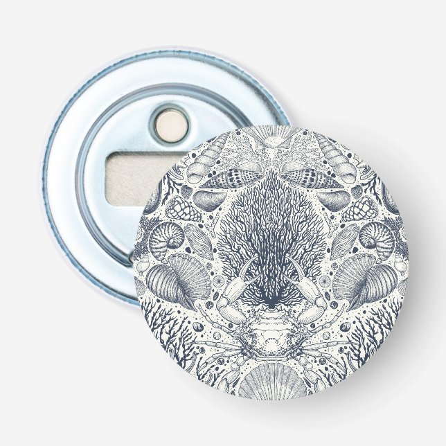 Persikoskatter, siashells, krabba, koraller och al flasköppnare (Framsidan)