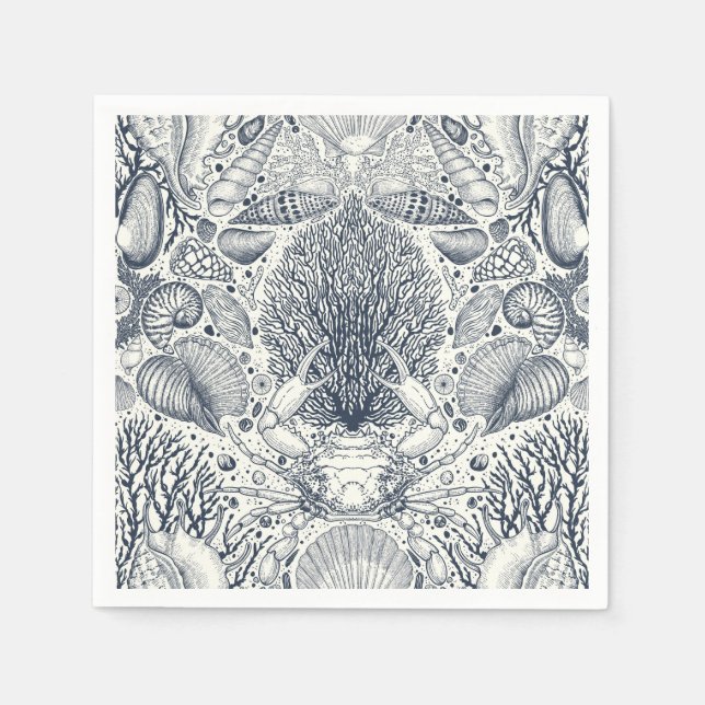 Persikoskatter, siashells, krabba, koraller och al pappersservett (Framsidan)