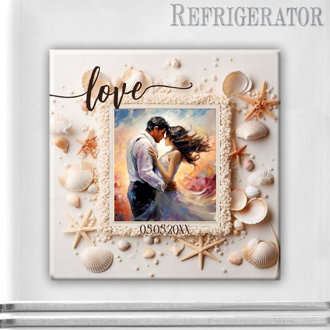 Persikostrandskal Kärlek Foto Magnet (Romantic photo magnet featuring your photo on a beach design with shells - wedding - save the date)