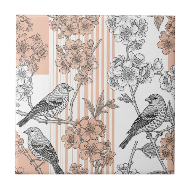 Persikostripig blommig fågel Elegant (1) Kakelplatta (Framsidan)