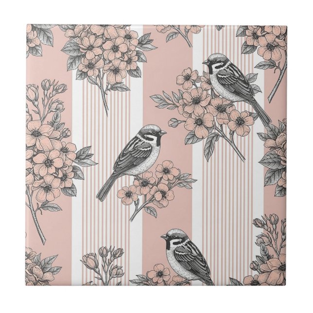 Persikostripig blommig fågel Elegant (2) Kakelplatta (Framsidan)