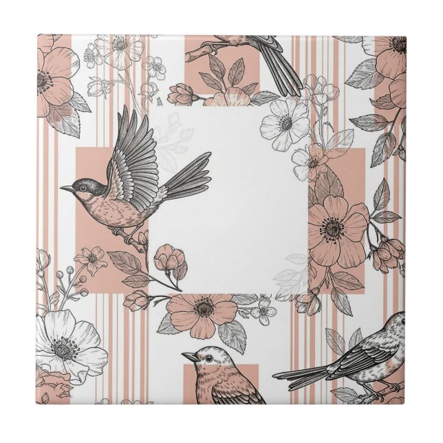 Persikostripig blommig fågel Elegant (5) Kakelplatta (Framsidan)