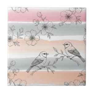Persikostripig blommig fågel Elegant (6) Kakelplatta