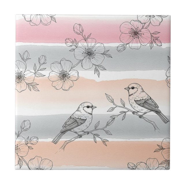 Persikostripig blommig fågel Elegant (6) Kakelplatta (Framsidan)