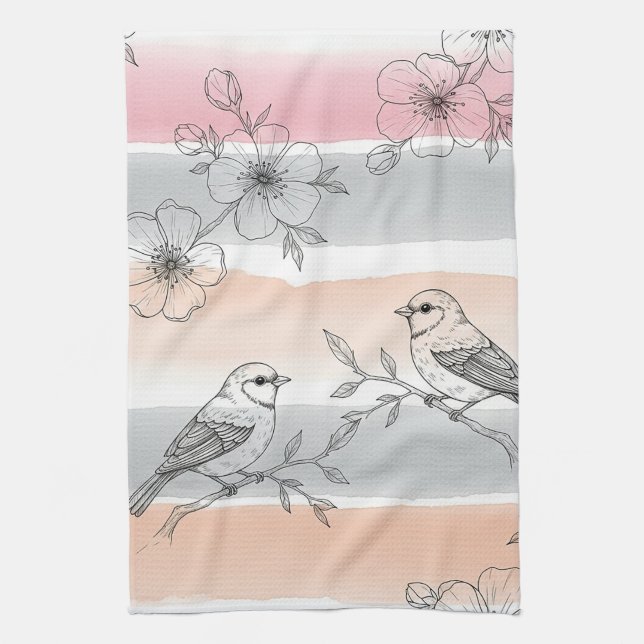 Persikostripig blommig fågel Elegant (6) Kökshandduk (Vertikal)