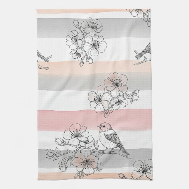 Persikostripig blommig fågel Elegant (7) Kökshandduk (Vertikal)