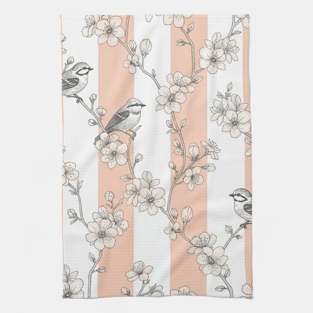 Persikostripig blommig fågel Elegant (8) Kökshandduk (Vertikal)