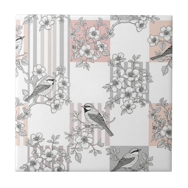 Persikostripig blommig fågel Elegant (9) Kakelplatta (Framsidan)