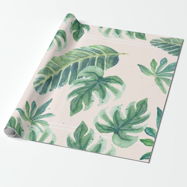 Persikotisk  i Grönt Jungle Löv Foliage Presentpapper (Utrullad)