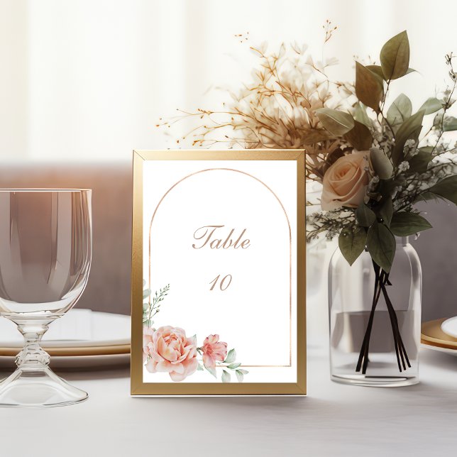 Persikovattentavlor med blommotiv för bröllop inbjudningar (Peach watercolor Floral Greenery Rose Gold Arch Wedding Table number cards)