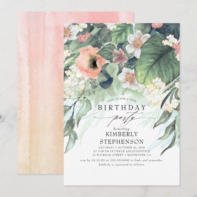 Persikovit och Rosa Blommigt Bohemian Birthday Inbjudningar (Fram/baksida)