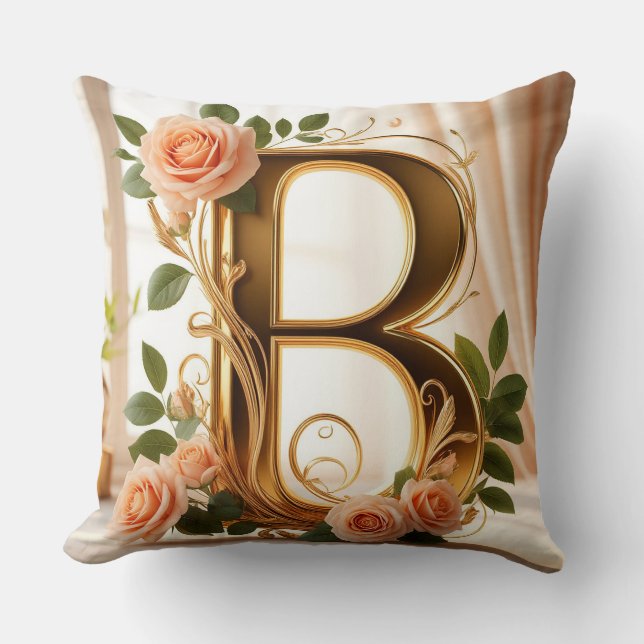 🌷 Persikros Guld Initial Bokstav B Dekor ✨ Kudde (Framsida)