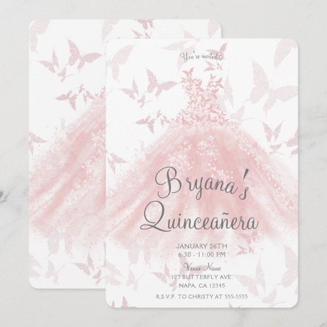 Persikrosa fjärilsdanskjol Quinceañera Inbjudningar (Fram/baksida)