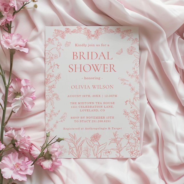 Persikrosa Trädgård Chinoiserie Bröllopsdusch Inbjudningar (Whimsical Peach Pink Garden Chinoiserie Bridal Shower Invitation)
