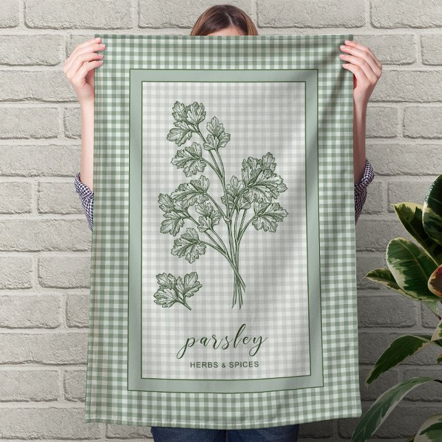 Persilja ört köksduk – grön gingham kant kökshandduk (Parsley Herb Kitchen Towel – Green Gingham Border)