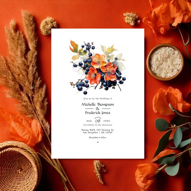 Persimmon och Blommigten Bröllop Inbjudningar (Persimmon and Navy Floral Wedding Invitation)