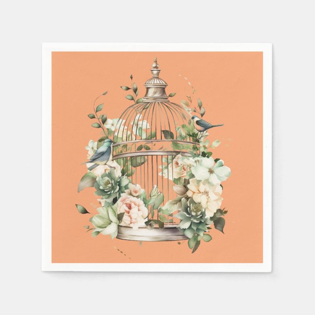 Persimmon Orange White Grönt Guld Birdcage Shower Pappersservett (Framsidan)
