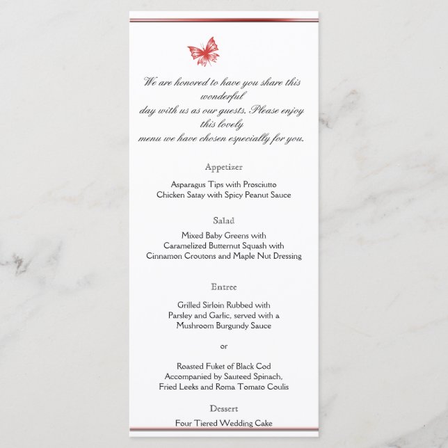 Persimmon Ro Butterfly Heart Bröllop Menu Meny (Framsida)