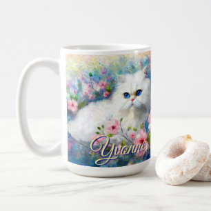 Persisk Katt Blå Ögon i Rosa Blommor Personlig Kaffemugg