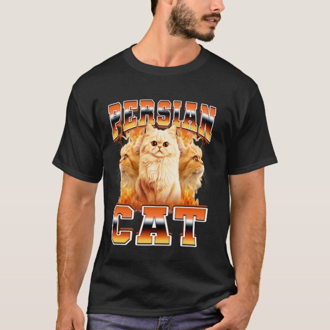 Persisk Katt Flammor 90-Tal Bootleg Stil T Shirt (Framsida)