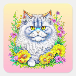 Persisk katt i Gult och Rosa Flowers Fyrkantigt Klistermärke