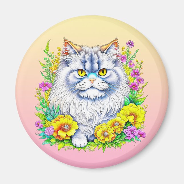 Persisk katt i Gult och Rosa Flowers Magnet (Framsidan)