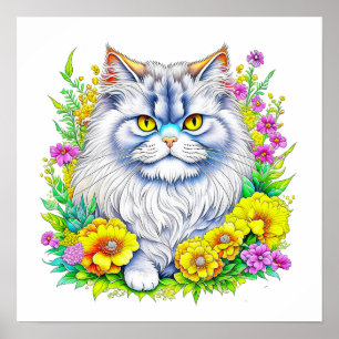 Persisk katt i Gult och Rosa Flowers Poster