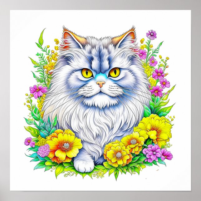 Persisk katt i Gult och Rosa Flowers Poster (Framsidan)