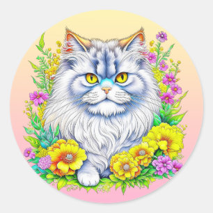 Persisk katt i Gult och Rosa Flowers Runt Klistermärke