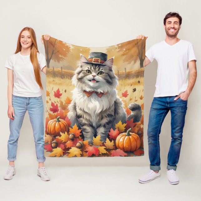 Persisk katt i Höst löv Thanksgiving Art Fleecefilt (På plats)