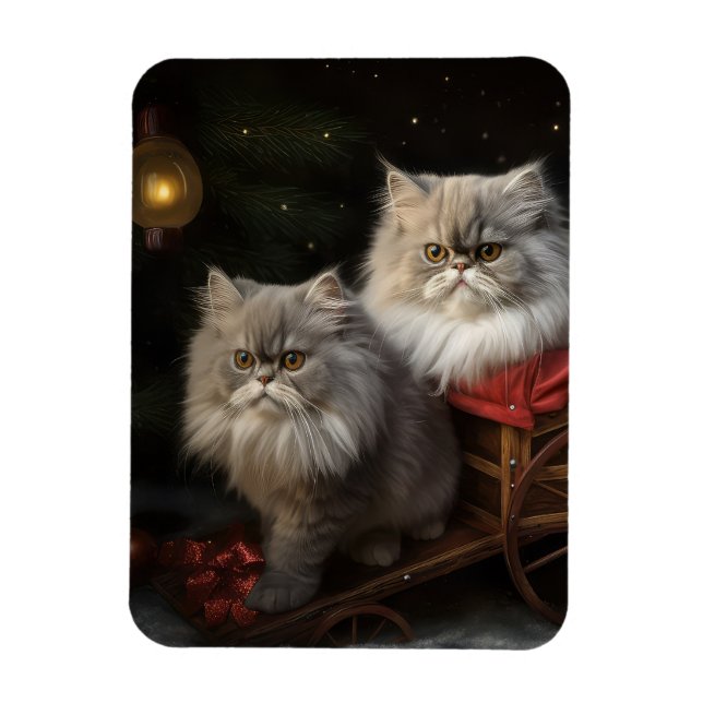 Persisk katt snöig släde juldekoration magnet (Vertikal)